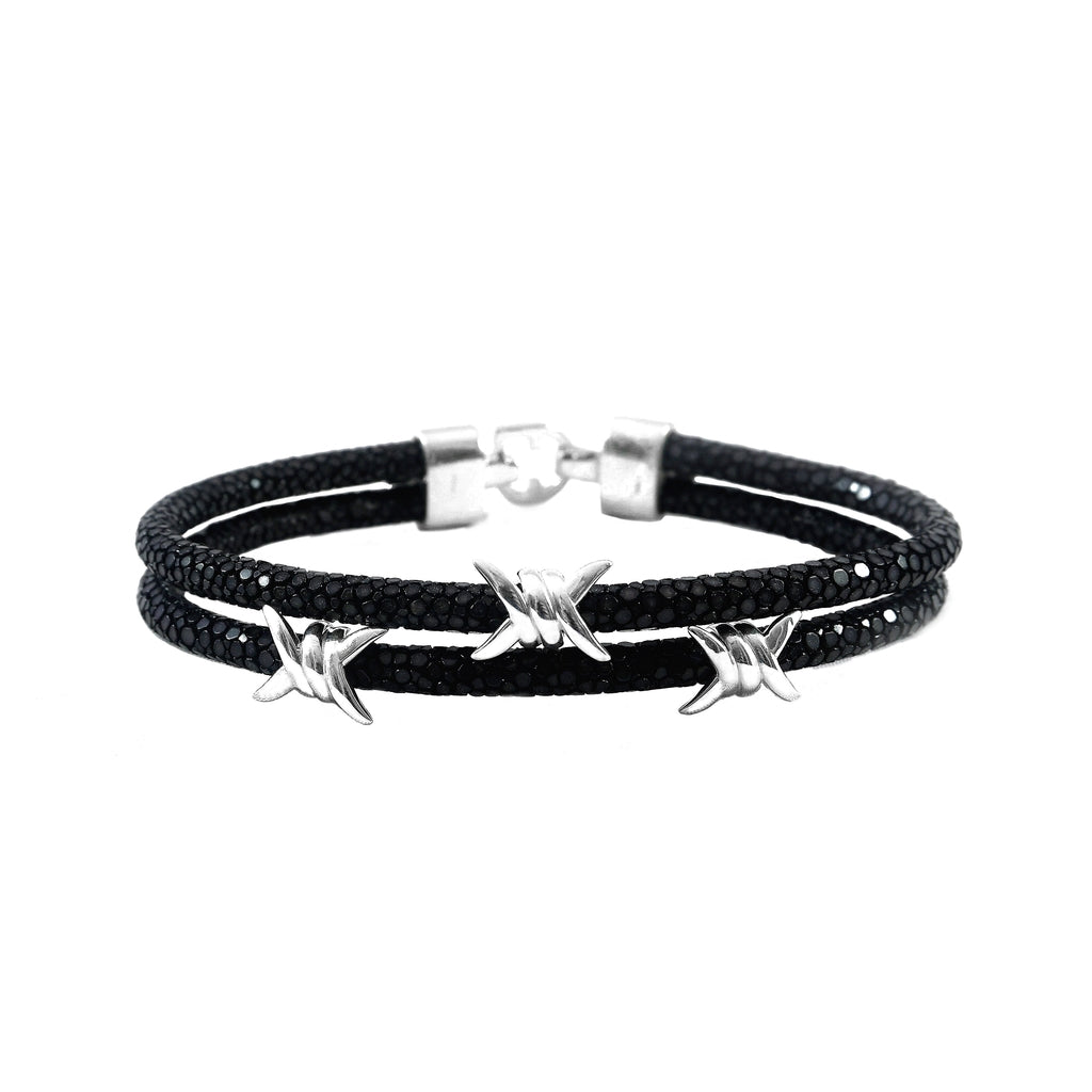Black Stingray Bracelet with Pure Silver Barbwire Style Accent