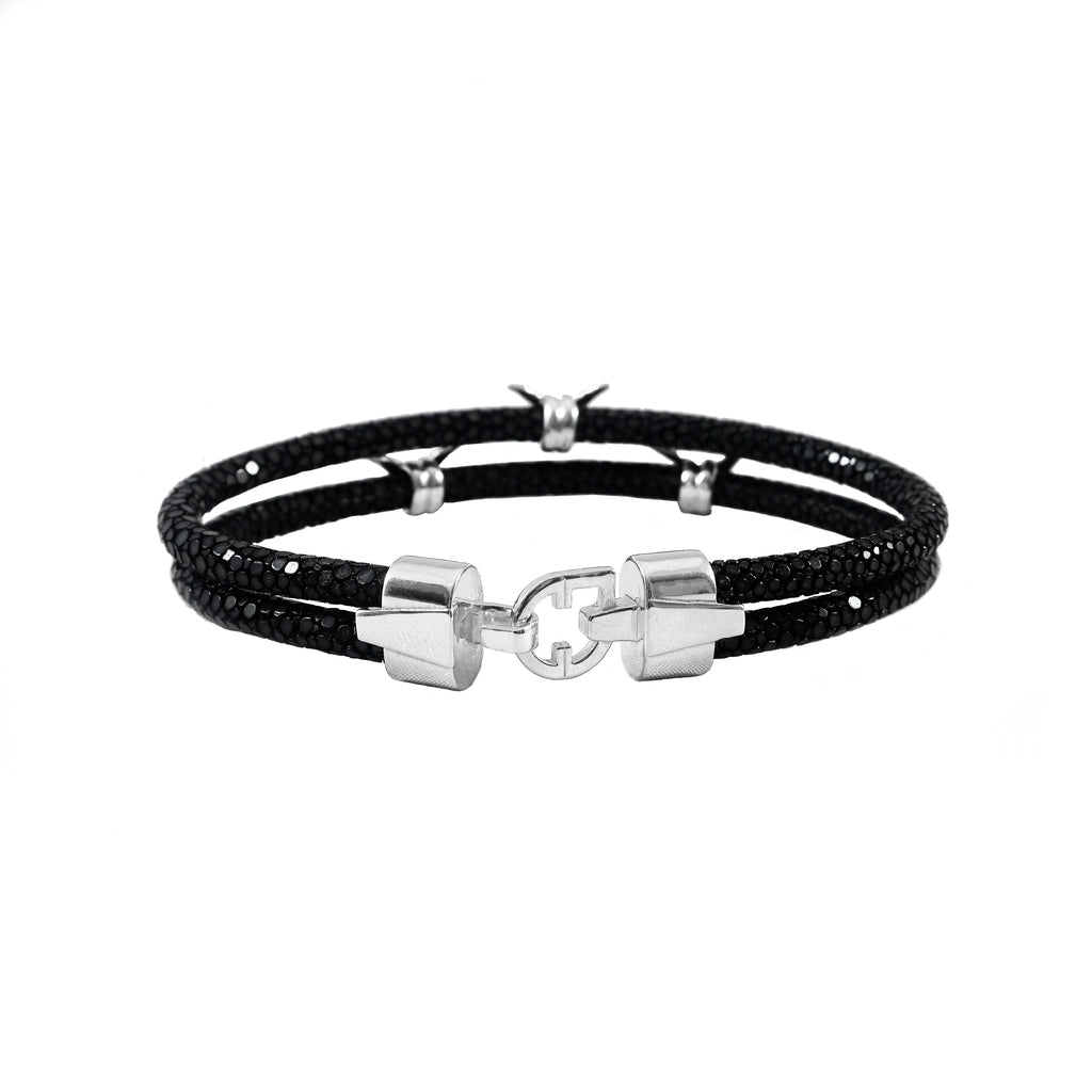 Black Stingray Bracelet with Pure Silver Barbwire Style Accent