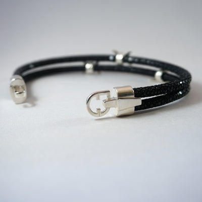 Black Stingray Bracelet with Pure Silver Barbwire Style Accent